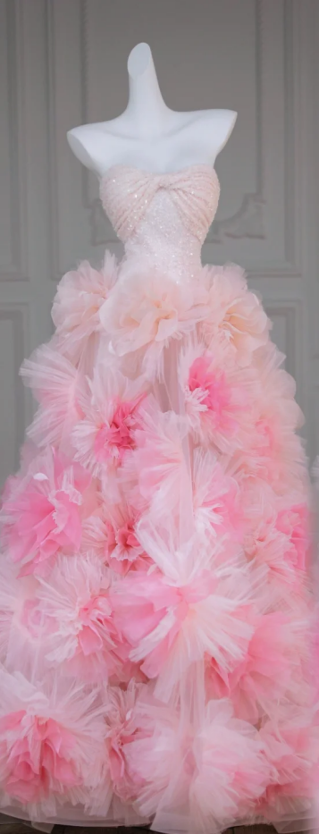 Pink Strapless Sequined Waist Slim Fit 3D Flower Skirt Long Dress Bridal Gown R5827