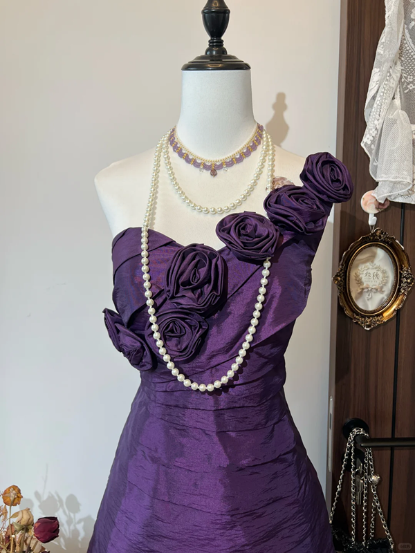 Dark purple asymmetrical neckline three-dimensional flower waist charming A-line skirt homecoming dress R4240