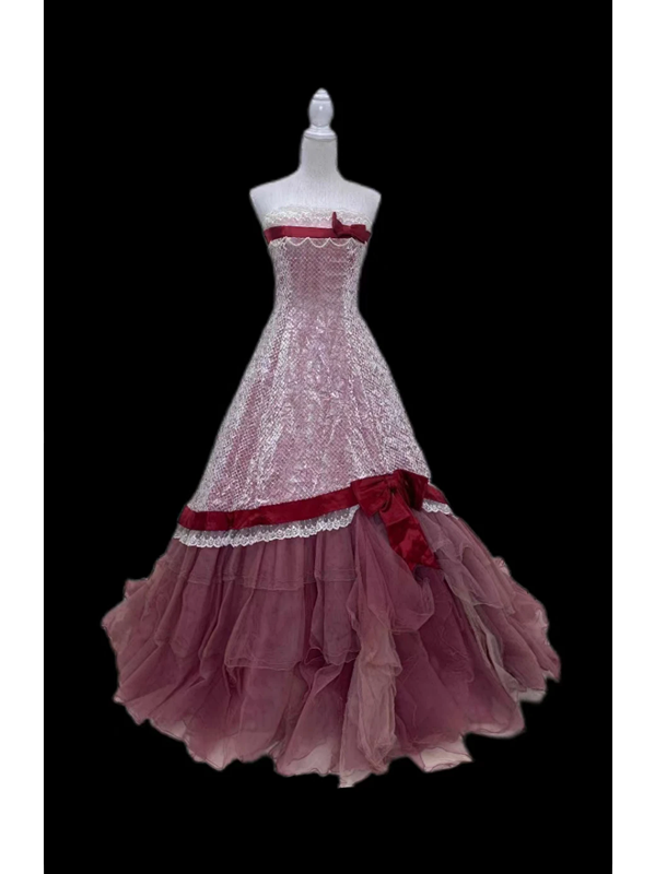 Pink strapless ball gown with a cinched waist and an A-line skirt; bridal gown R7296