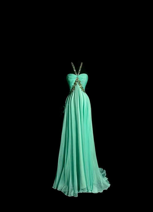 Green halter-neck, fitted waist, sexy long ball gown R6624