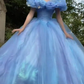 Blue princess dress with slim waist and puffy skirt, prom dress R5354