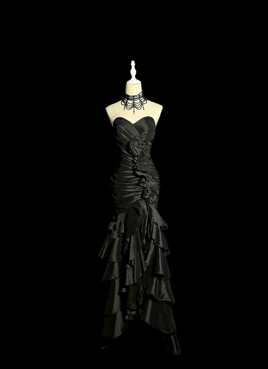 Black strapless fitted waist slim-fitting pleated cake skirt long ball gown R6664