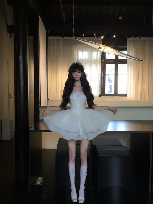 White tube top waist slim fit puffy princess skirt homecoming dress R5091