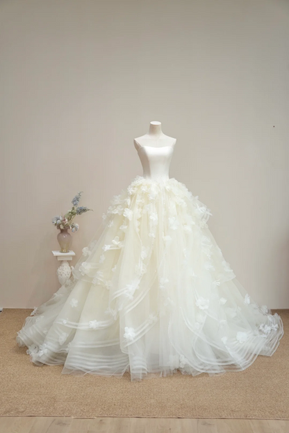 Light apricot strapless, fitted waist, full skirt, long ball gown, bridal dress R8900