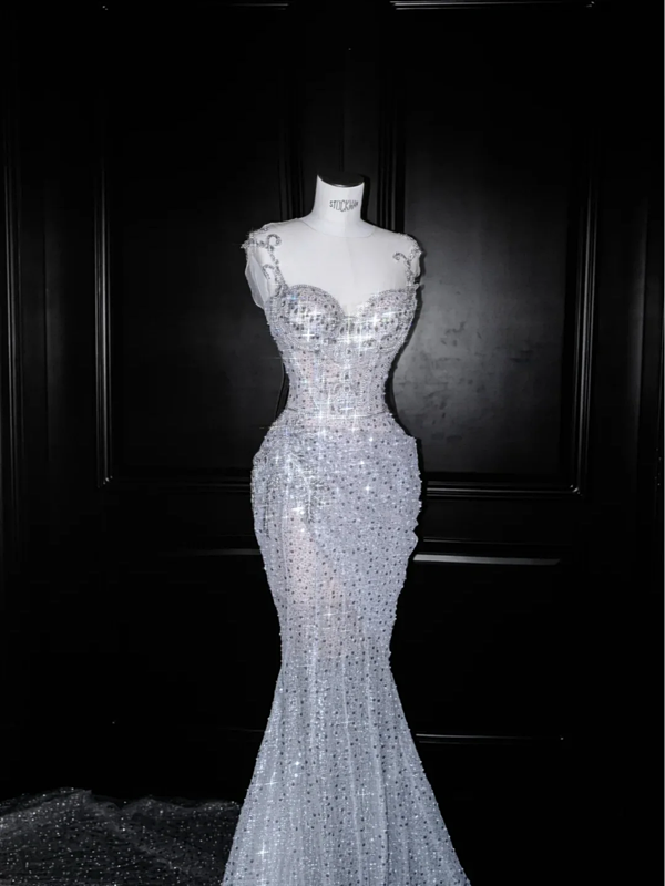 White suspender sequined waist slim hip fishtail long skirt, prom dress R5669