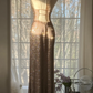 Champagne-colored halter-neck, fitted waist, bodycon long ball gown R7699