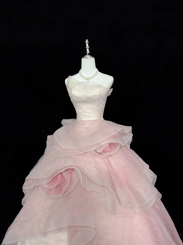 Light pink strapless, fitted waist, full skirt, long ball gown, bridal dress R9050