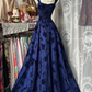 Blue halter print slim waist A-line elegant long ball gown R6144