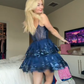 Blue sequined suspender waist cake skirt homecoming dress R5553