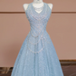 Light blue halter neck fitted waist A-line skirt long ball gown/bridal dress R8294