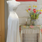 White halter waist pleated satin maxi ball gown R6225