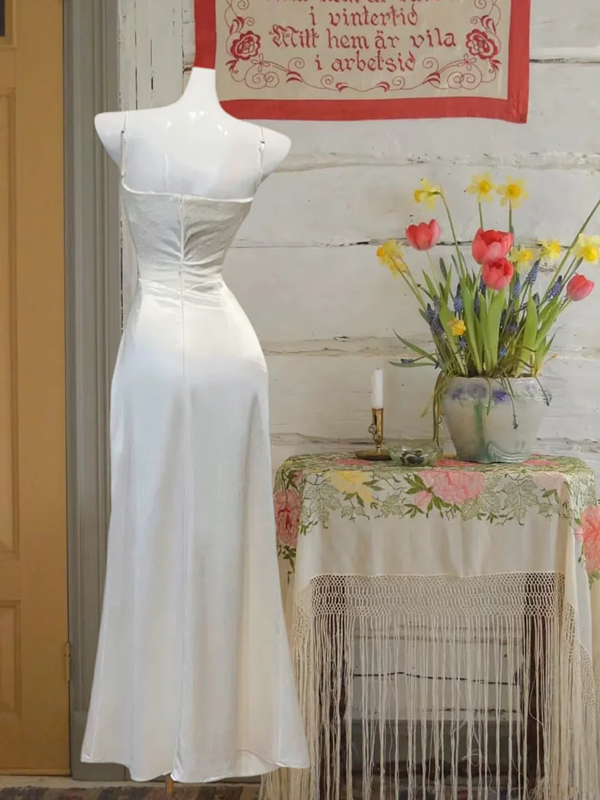 White halter waist pleated satin maxi ball gown R6225