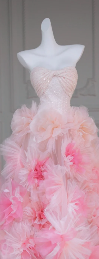 Pink Strapless Sequined Waist Slim Fit 3D Flower Skirt Long Dress Bridal Gown R5827