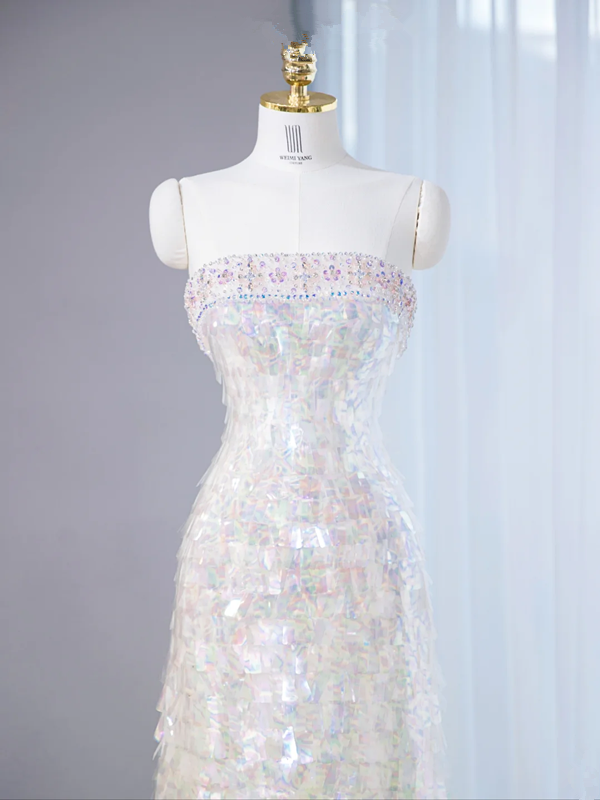 White iridescent sequined strapless fitted waist sexy long ball gown/bridal dress R9020