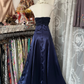 Navy blue strapless, fitted A-line long dress, ball gown R6343