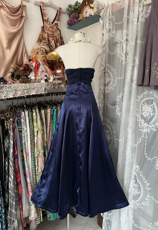 Navy blue strapless, fitted A-line long dress, ball gown R6343
