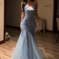 Light blue halter-neck fitted bodycon fishtail skirt ball gown R8067