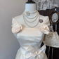 White satin elegant neckline design waist slimming short skirt homecoming dress R4282