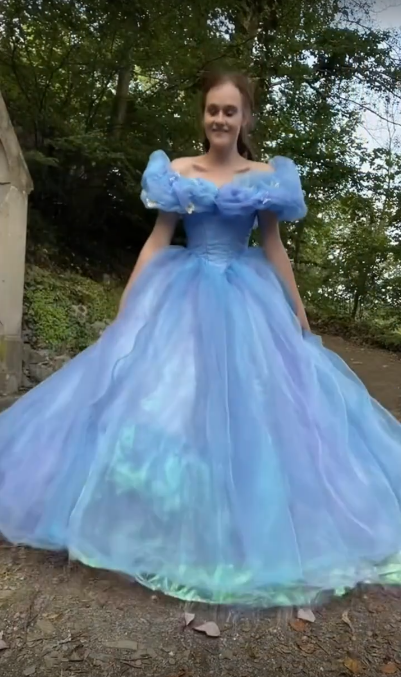 Blue princess dress with slim waist and puffy skirt, prom dress R5354