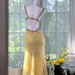 Light yellow halter-neck fitted bodycon mermaid long ball gown R7619