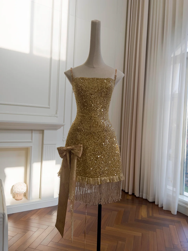 Gold Sequined Strapless Waist Slim Fit Sexy Short Skirt Homecoming Dress R5013