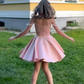 Pink suspender waist slim A-line short skirt homecoming dress R5593