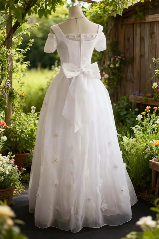 White square-neck, fitted waist, classic and elegant long ball gown/bridal dress R6744