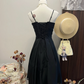 Black suspender low-cut sexy waist pleated slim long skirt homecoming dress R4362