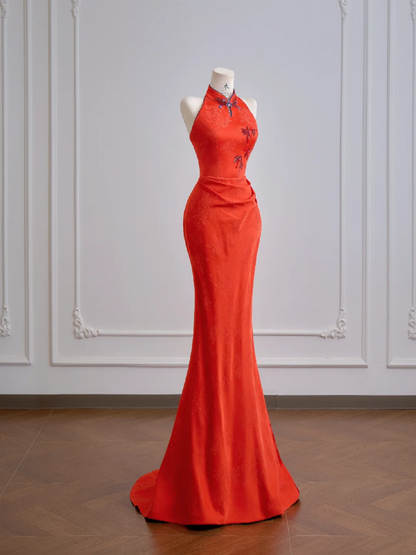 Red Chinese-style neckline, fitted waist, slim-fitting, long, sexy ball gown R8157