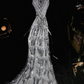 Silver tank top with cinched waist, elegant long ball gown R7023