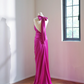 Rose pink halter neck fitted waist backless sexy long ball gown R8469