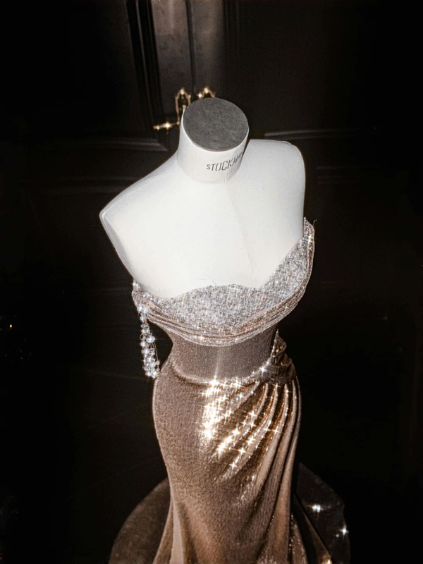 Rose Gold Strapless Sequined Waisted Slim Fit Hip Maxi Dress, prom dress R5633