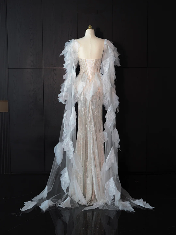 Light gray square neckline fitted long ball gown, bridal dress R8960