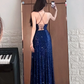 Deep blue sequined halter-neck cinched waist slit sexy long ball gown R7543