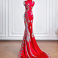 Red Chinese-style cheongsam with classic embroidery and print, fitted waist, bodycon long ball gown, bridal dress R8208
