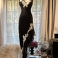 Black and white lace halter top, fitted waist, irregular hem, long ball gown R7739