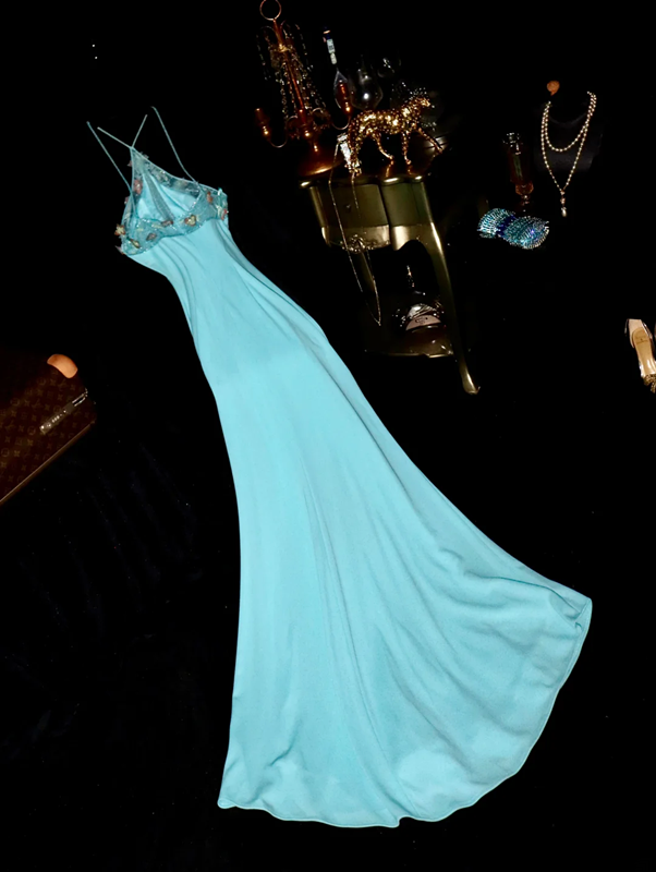 Light blue halter neckline with beaded details, fitted waist, elegant long ball gown R6903