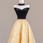 Black strapless bodice with apricot rose floral skirt, long ball gown R8264