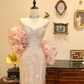 Light pink rhinestone strapless fitted waist bodycon long wedding dress R6584