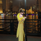 Yellow halter-neck, fitted waist, sexy long ball gown R7063