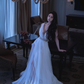 White V-Neck Waist-Cinched High-Slit Elegant Floor-Length Prom Dress R7103