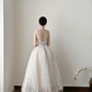 White floral-print spaghetti-strap waist-cinched slim-fit long ball gown with a ruffled skirt, wedding dress R8009