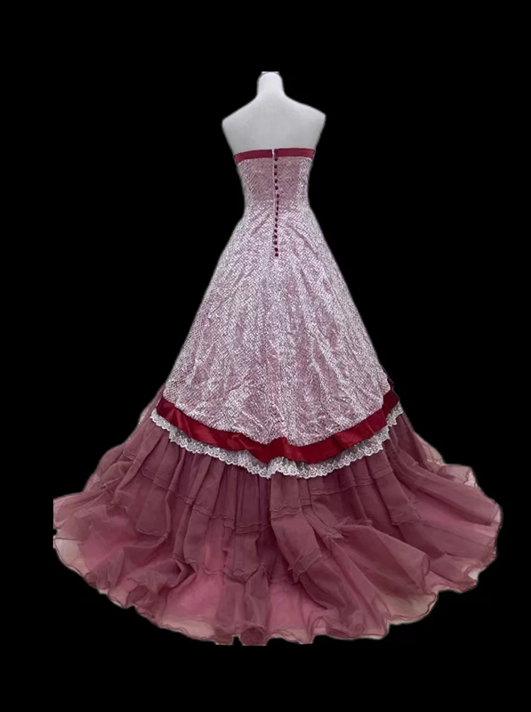 Pink strapless ball gown with a cinched waist and an A-line skirt; bridal gown R7296