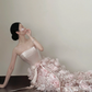 Light pink strapless, waist‑cinched, 3D floral ruffle hem, long prom dress R7969
