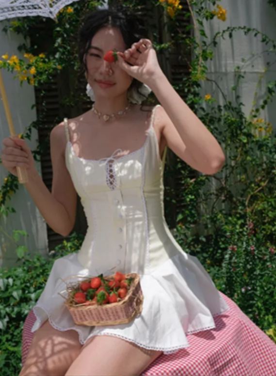 White suspenders slim waist cute playful A-line mini skirt homecoming dress R4644