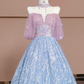 Light pink off-the-shoulder, fitted waist, long ball gown with light blue skirt; bridal gown R8351