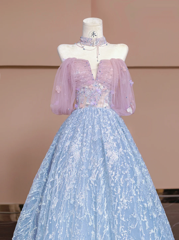 Light pink off-the-shoulder, fitted waist, long ball gown with light blue skirt; bridal gown R8351