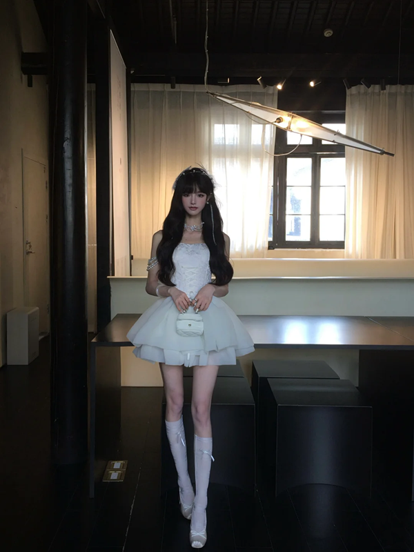 White tube top waist slim fit puffy princess skirt homecoming dress R5091