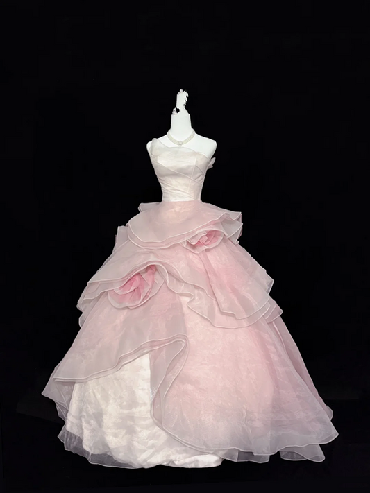 Light pink strapless, fitted waist, full skirt, long ball gown, bridal dress R9050