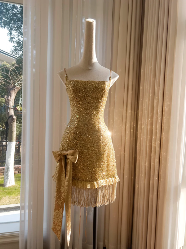 Gold Sequined Strapless Waist Slim Fit Sexy Short Skirt Homecoming Dress R5013